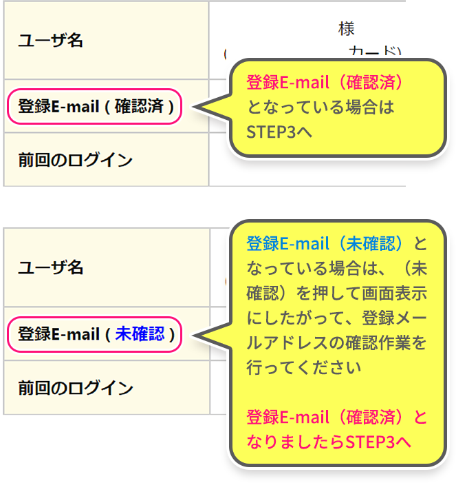 登録E-mail（確認済）となっている場合はSTEP3へ。登録E-mail（未確認）となっている場合は、（未確認）を押して画面表示にしたがって、登録メールアドレスの確認作業を行ってください。登録E-mail（確認済）となりましたらSTEP3へ。